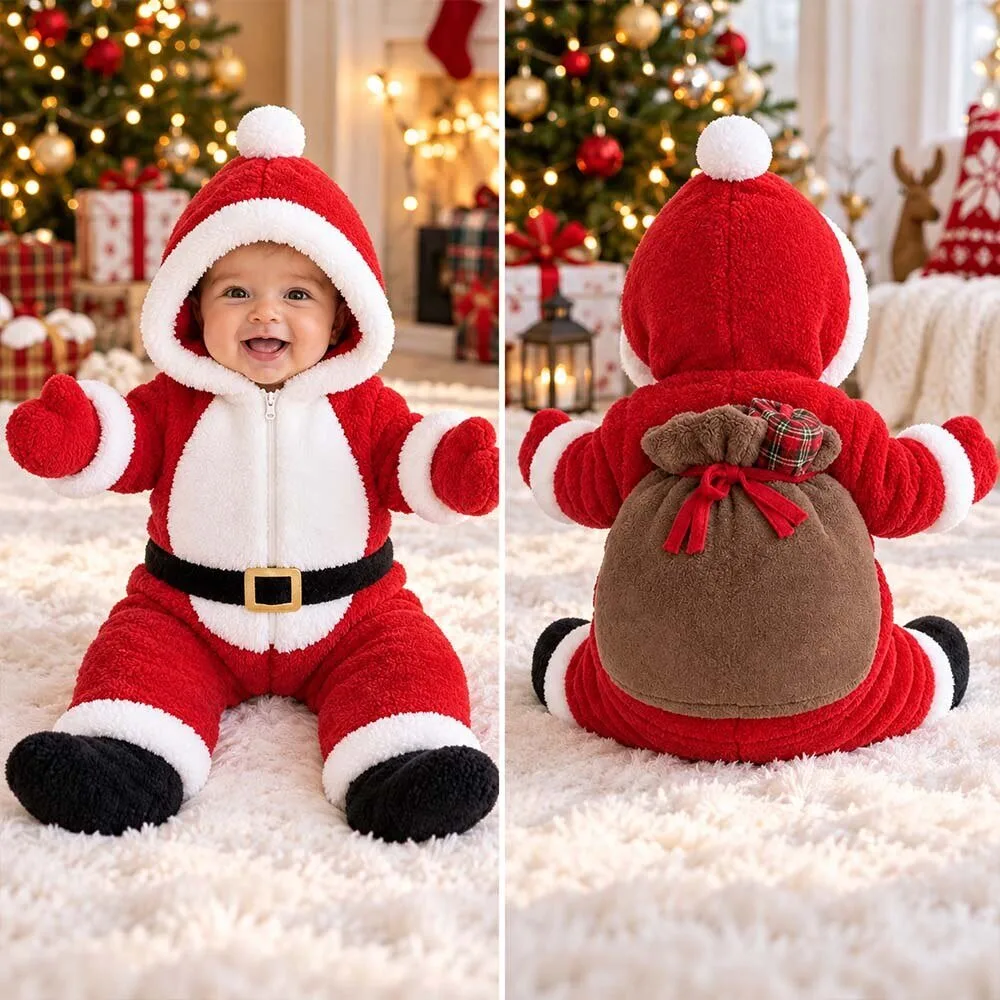 Tumbleclaus Baby Santa Claus Plush Snowsuit Hooded Christmas Onesie